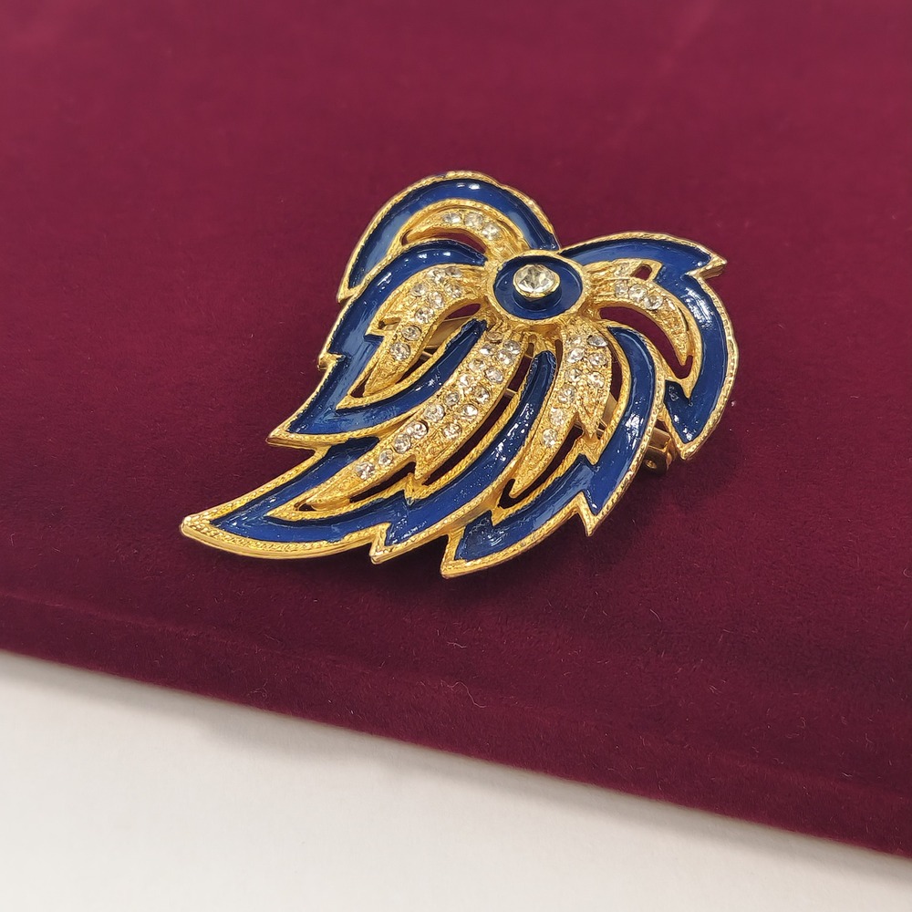 Vintage LJM Gold Tone Blue Enamel Rhinestone Plume Leaf Brooch Pin